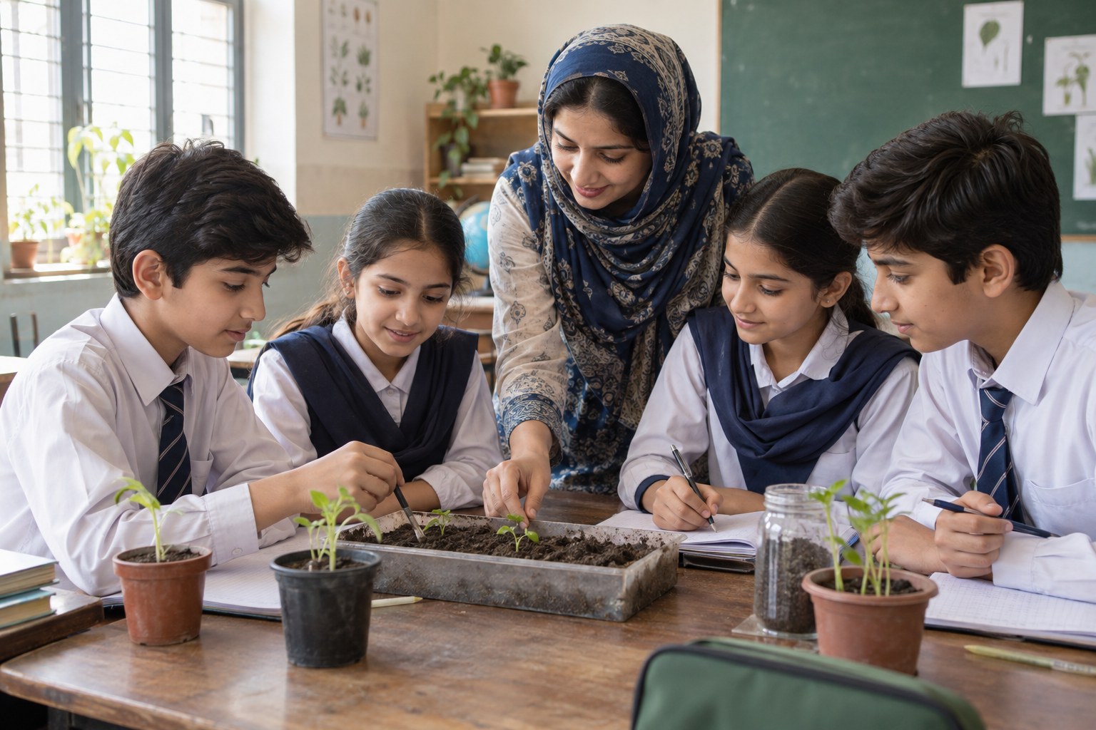 Illustration of students investigating soil and seedlings with a teacher, recording observations together